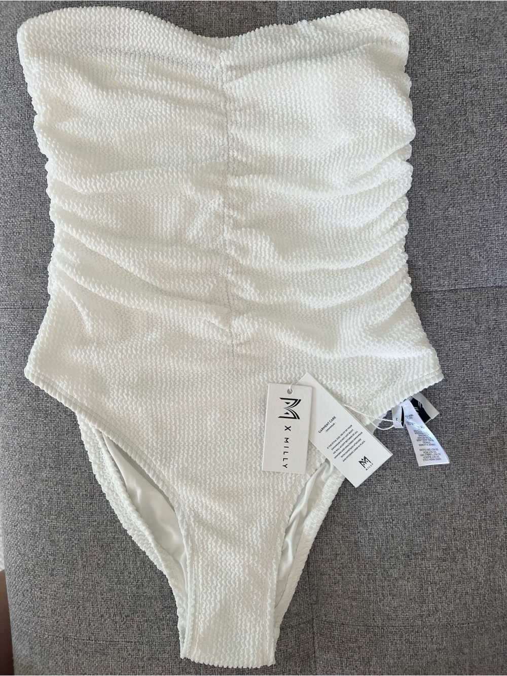 Milly White Textured Strapless Ruched One-Piece - Picture 3 of 7